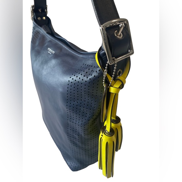 Coach Leather Navy Blue Leather Bag with Yellow Accents - Picture 2 of 8